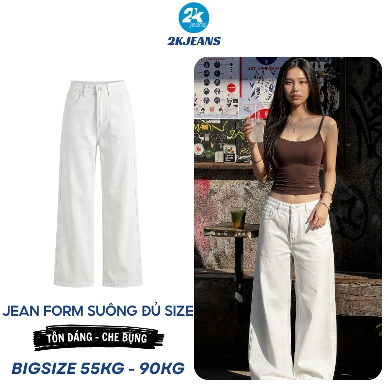 Quần Jean Nữ Ống Rộng Màu Trắng Bigsize 40–90kg Lưng Cao Form Suông Che Khuyết Điểm MS105 – 2KJEANS