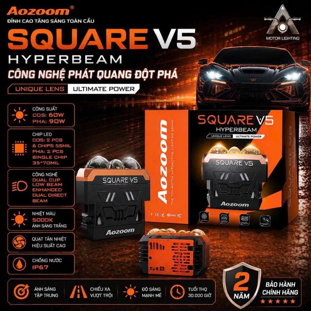 Đèn Bi LED Aozoom Square V5 Chính Hãng Công Suất 90W Ánh Sáng 6000k  chính hãng aozoom BH 24th
