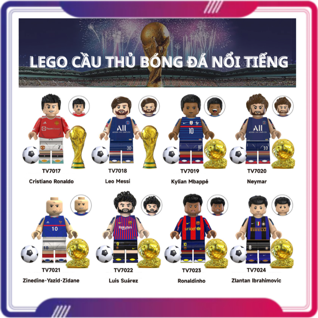 Mô Hình Mini Lego Cầu Thủ Bóng Đá Nổi Tiếng Ronaldo Messi Neymar Zidane Suarez