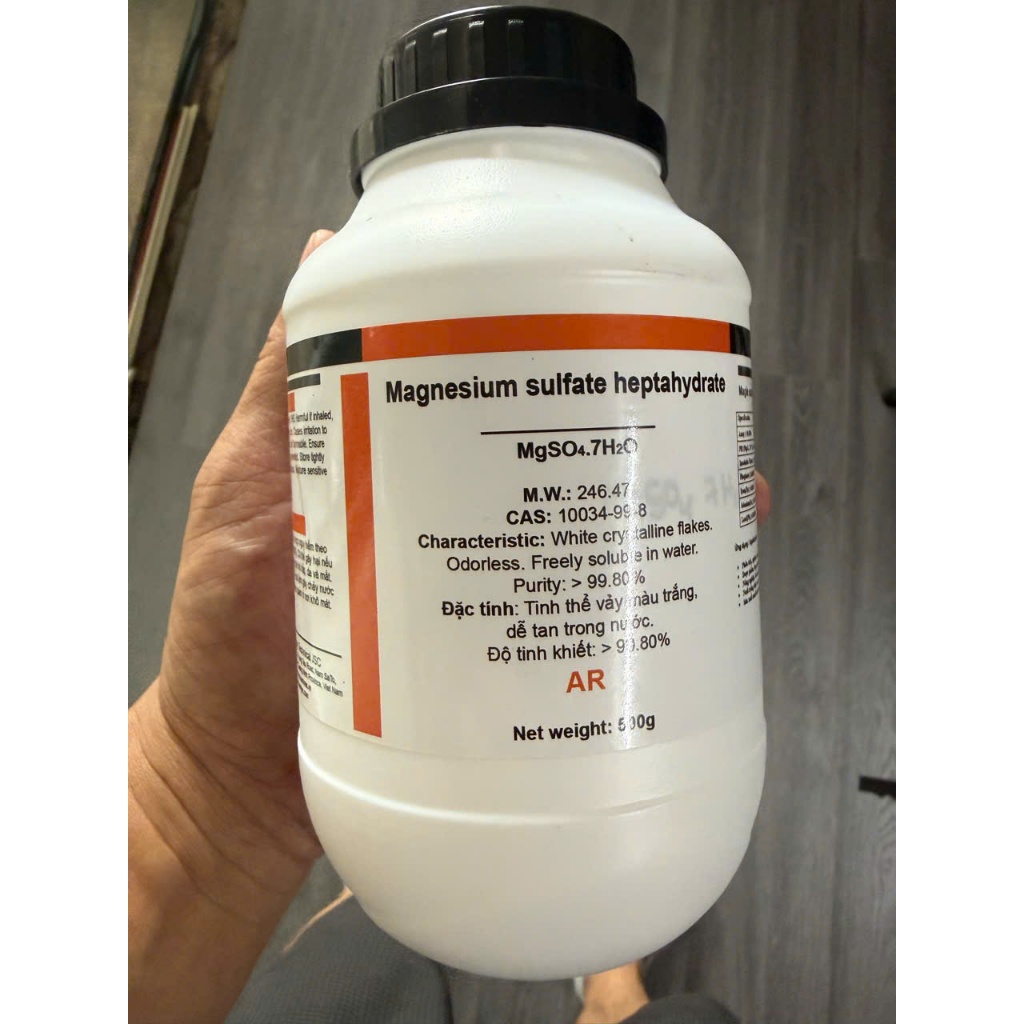 Hóa Chất Tinh Khiết MgSO4.7H2O Magnesium Sulfate Heptahydrate AR Chai 500g Bột Trắng Dễ Tan
