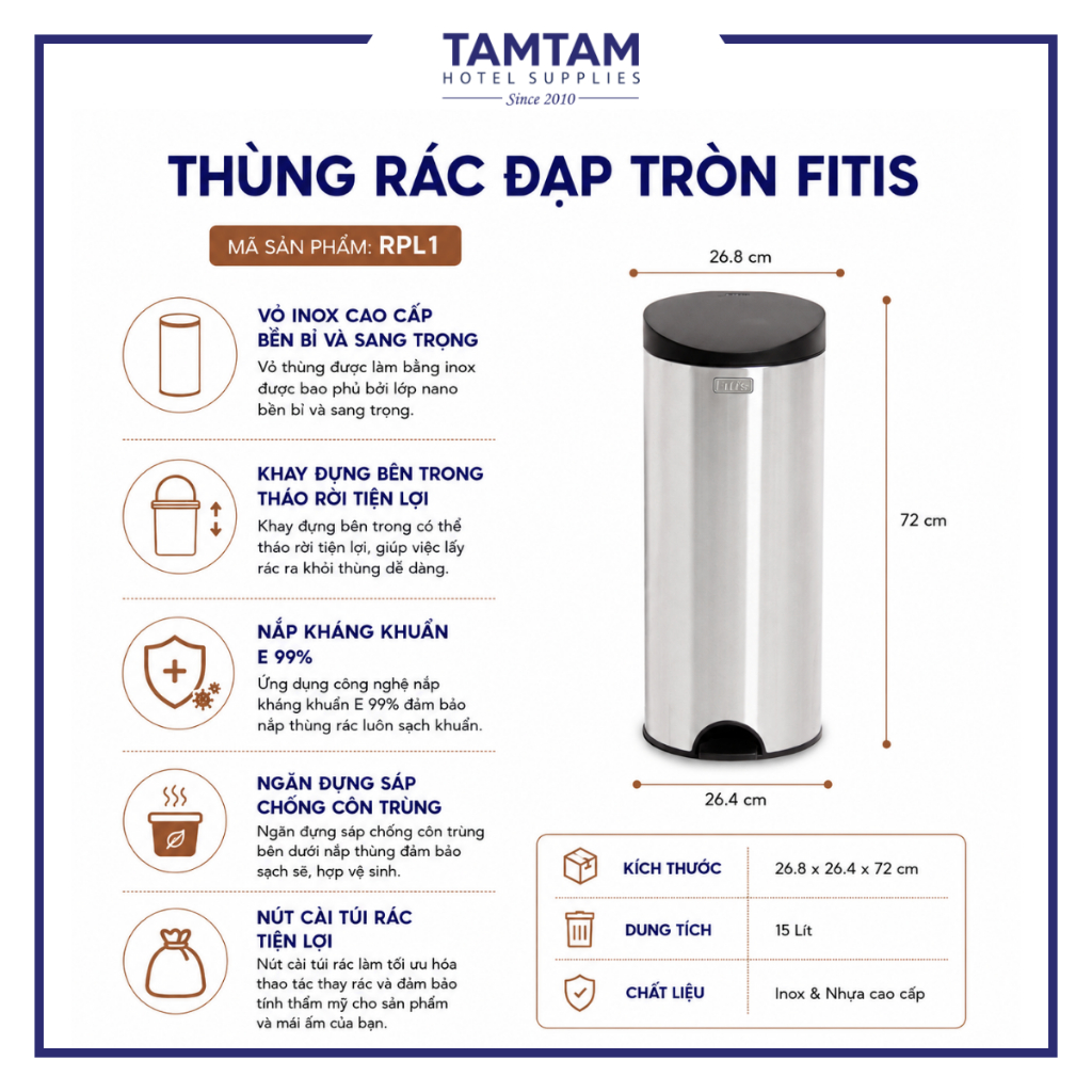Thùng Rác Đạp Chân FITIS Premium Tròn 15L Có Nắp Chống Mùi Thùng Rác Khách Sạn Gia Đình Nhà Bếp
