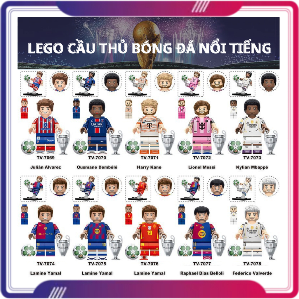 Mô Hình Mini Lego Cầu Thủ Bóng Đá Nổi Tiếng Messi Yamal Valverde Mbappe Kane Dembele Alvarez
