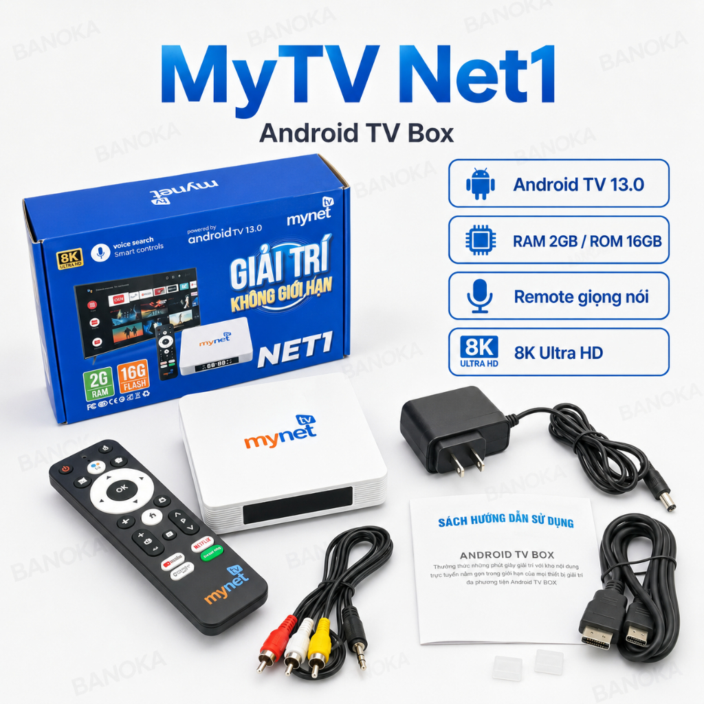 Android TV Box MyTV Net1 2GB 16GB Android TV 13.0 Remote Giọng Nói, Có Bán Lẻ Khiển