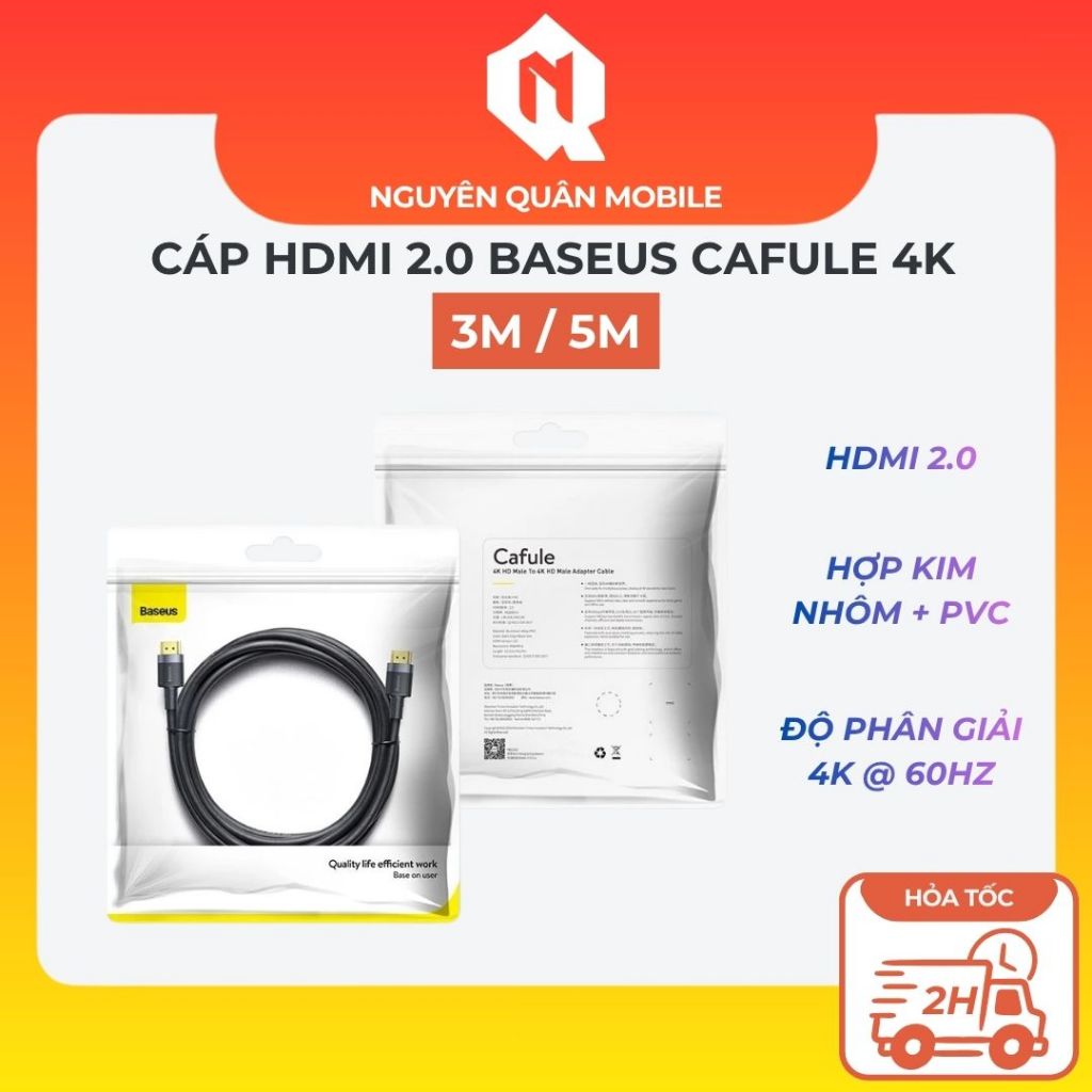 Cáp HDMI 2.0 Baseus Cafule 4K 60Hz / 2K 240Hz – Vỏ Hợp Kim Nhôm, Dây Bện Dù Siêu Bền