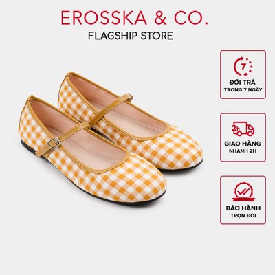 [EROSSKA] - Giày búp bê caro vintage dịu dàng phong cách tiểu thư màu vàng cao 1cm - EL138