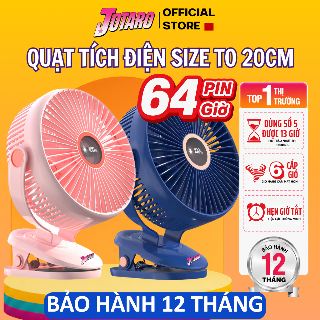 Quạt Tích Điện Kẹp LOẠI TO JOTARO J28 Pin Siêu Trâu 60Giờ, Hiện thị %pin, Dung Lượng Pin lớn, Lồng q