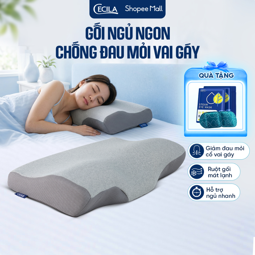 Gối cao su non người lớn CECILA thiết kế công thái học, hỗ trợ ngủ nhanh, giảm đau cổ vai gáy có gel