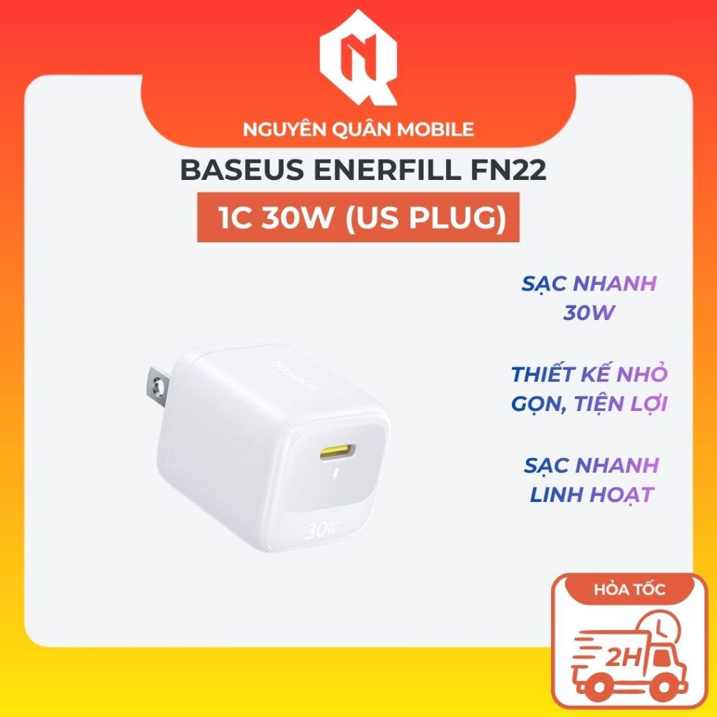 Củ Sạc Nhanh Baseus EnerFill FN22 GaN 30W (Chân Dẹt US) – Trắng Ánh Trăng (Moon White)