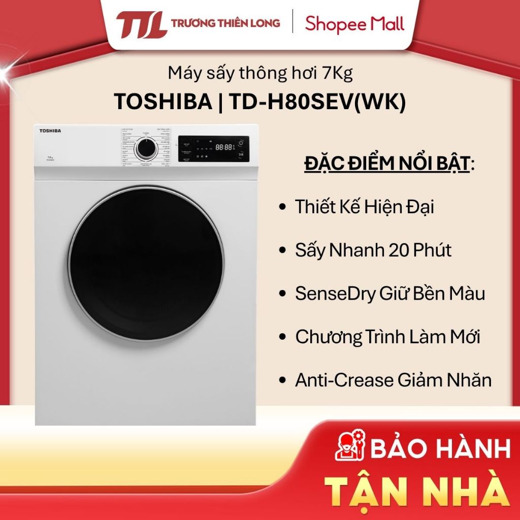 [VC 10%] TD-H80SEV(WK) | TD-H80SEV(SK) - Máy Sấy Thông Hơi 7Kg Toshiba TD-H80SEV [FREESHIP HCM]