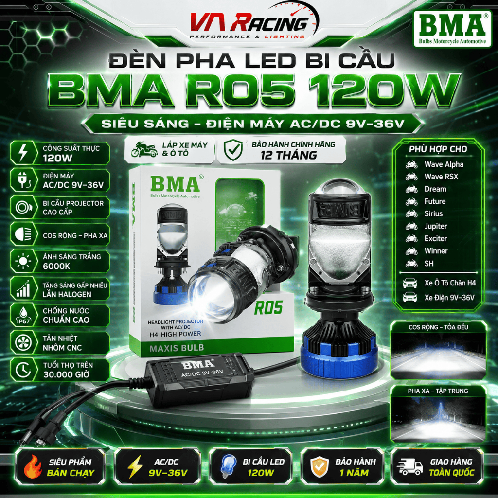 Đèn Led BMA R05 120W, Bi Led Xe Máy Dùng Điện AC/DC Đèn Chân H4 Lắp Như Zin Bảo Hành 12 Tháng