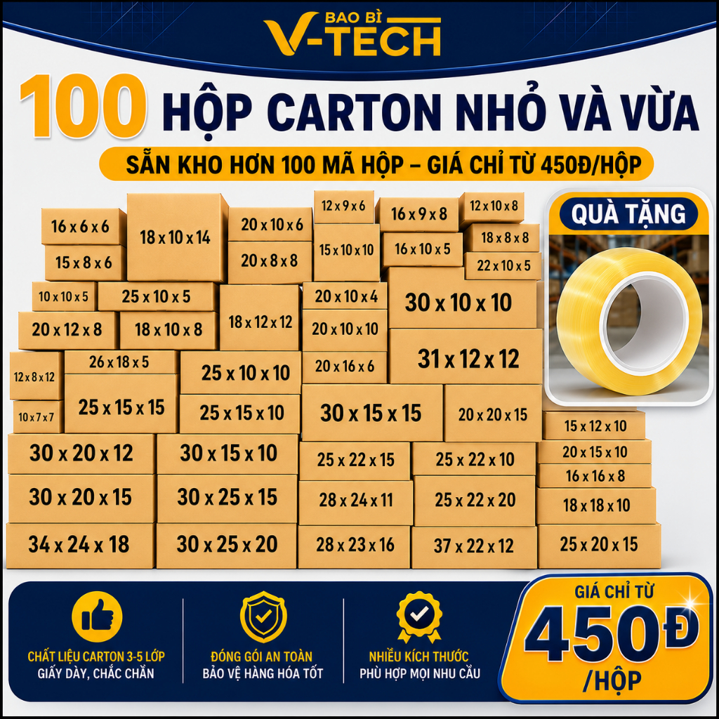 Hộp carton đóng hàng VTECH, [COMBO] 100 hộp giấy gói hàng shipcod 3 lớp nhiều…