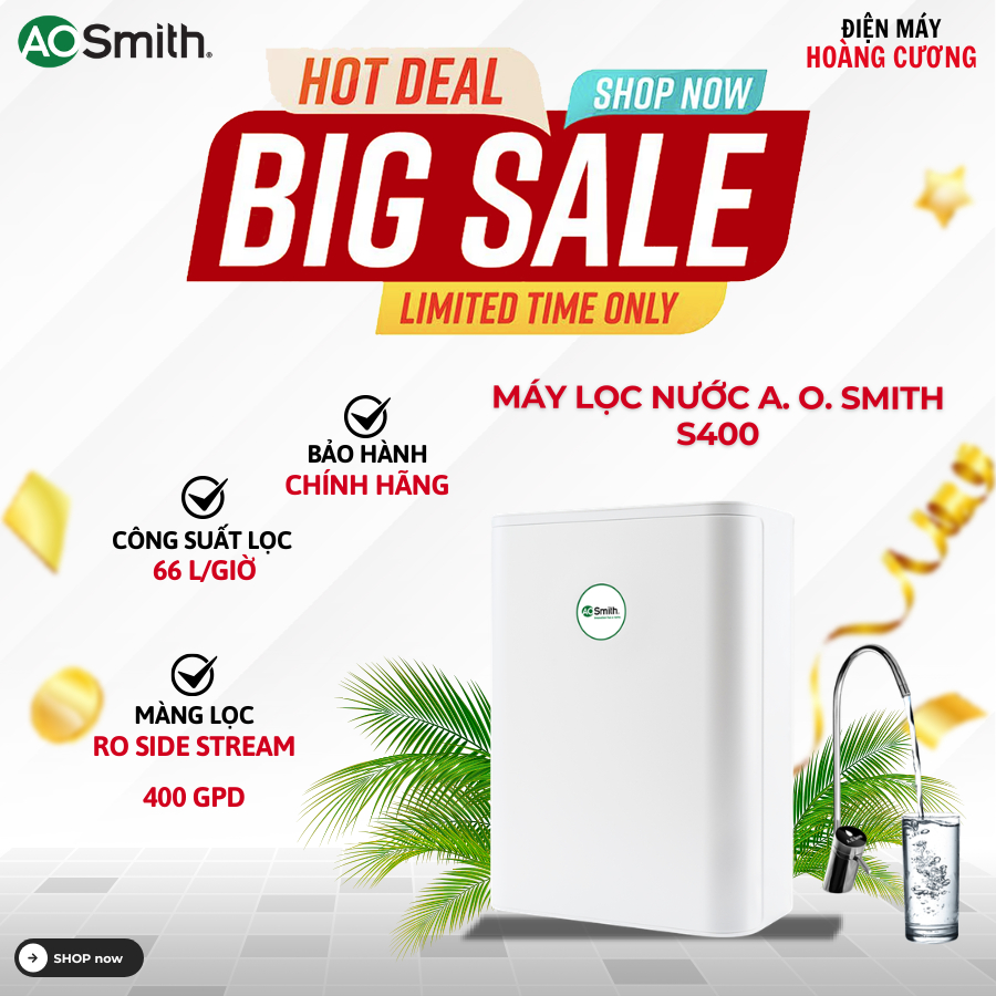 Máy Lọc Nước RO A. O. Smith (aosmith) S400 – Công Nghệ RO Side Stream, 5 Cấp Lọc, Công Suất 66L/giờ