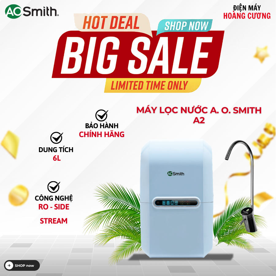 Máy Lọc Nước RO A. O. Smith (aosmith) A2 – Công Nghệ RO Side Stream Mỹ, 5 Lõi Lọc, Công Suất 11.8L/h