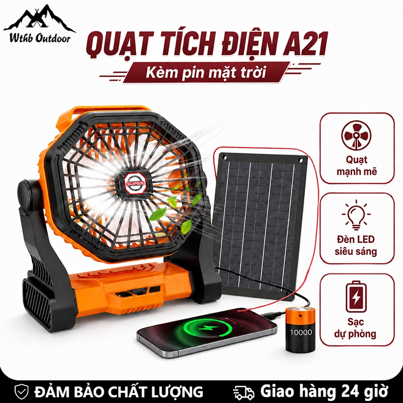 WTHB Outdoor Quạt điện năng lượng mặt trời 25000mAh gió mạnh, kiêm sạc dự phòng và đèn LED khẩn cấp