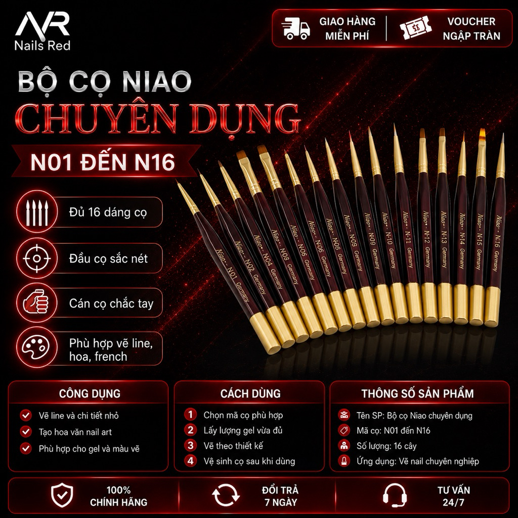 Cọ Niao nail vẽ móng đủ bộ chuyên nghiệp, Bộ cọ Niao Germany lông chồn cao cấp - Nails Red