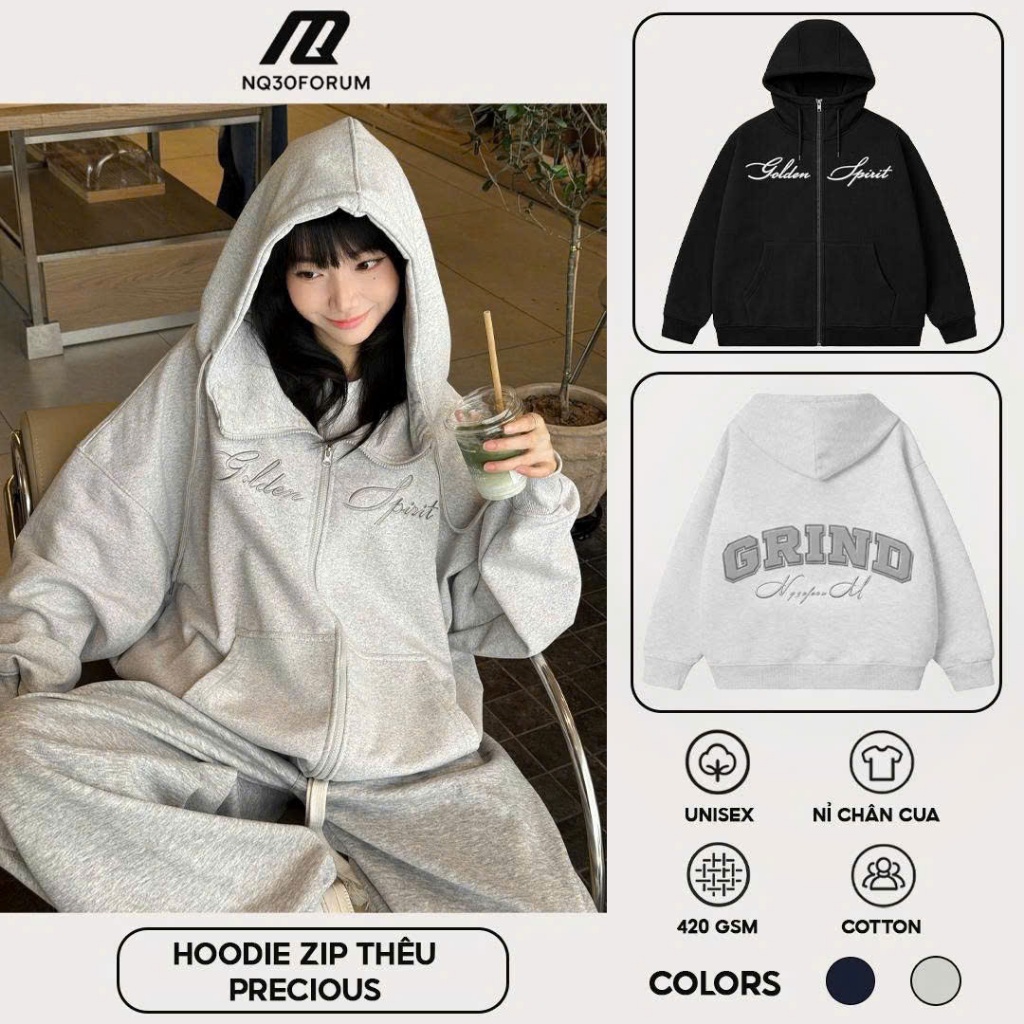 Áo Khoác Hoodie Zip Nỉ Chân Cua Cổ Cao Thêu Dạ NQ30 GRIND Form Rộng Nam Nữ Unisex (Không xù lông)