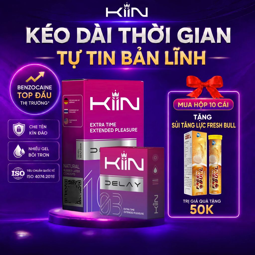 [#1 KÉO DÀI 30-60PH] Bao Cao Su Kéo Dài Thời Gian Kiin Delay, Gân Gai Cổ Thắt Nhiều Gel Siêu Mỏng