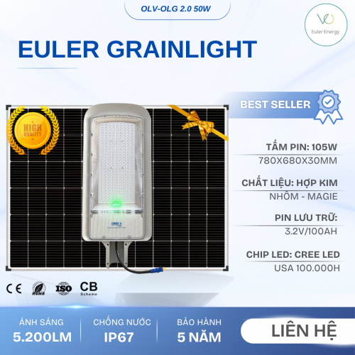 Đèn Đường Năng Lượng Mặt Trời Cao Cấp Euler Grain Light 2.0A - 50W - Bảo Hành 5 Năm