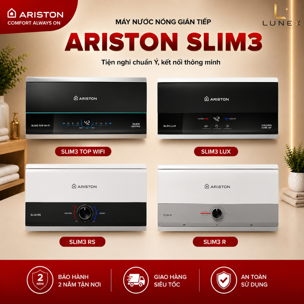 Máy nước nóng gián tiếp Ariston SLIM3 TOP WIFI, LUX, RS, R bình ngang 20L và 30L - Bảo hành tận nơi