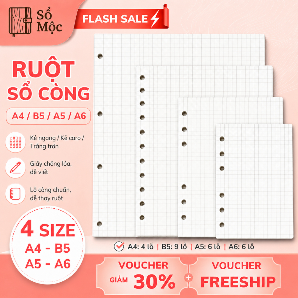 Ruột sổ còng A5 B5 A4 kẻ ngang kẻ caro vuông sổ planner bullet journal chống loá