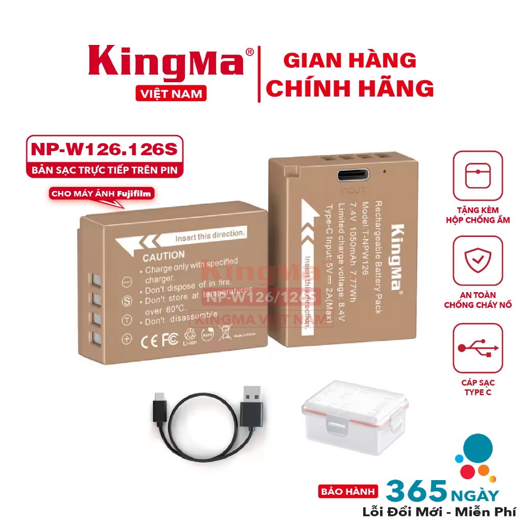 Pin KingMa NP-W126 NP-W126S USB-C 1050mAh Chính Hãng Sạc Trực Tiếp Cho Fujifilm X-S10 X-T30 X-T3 X10