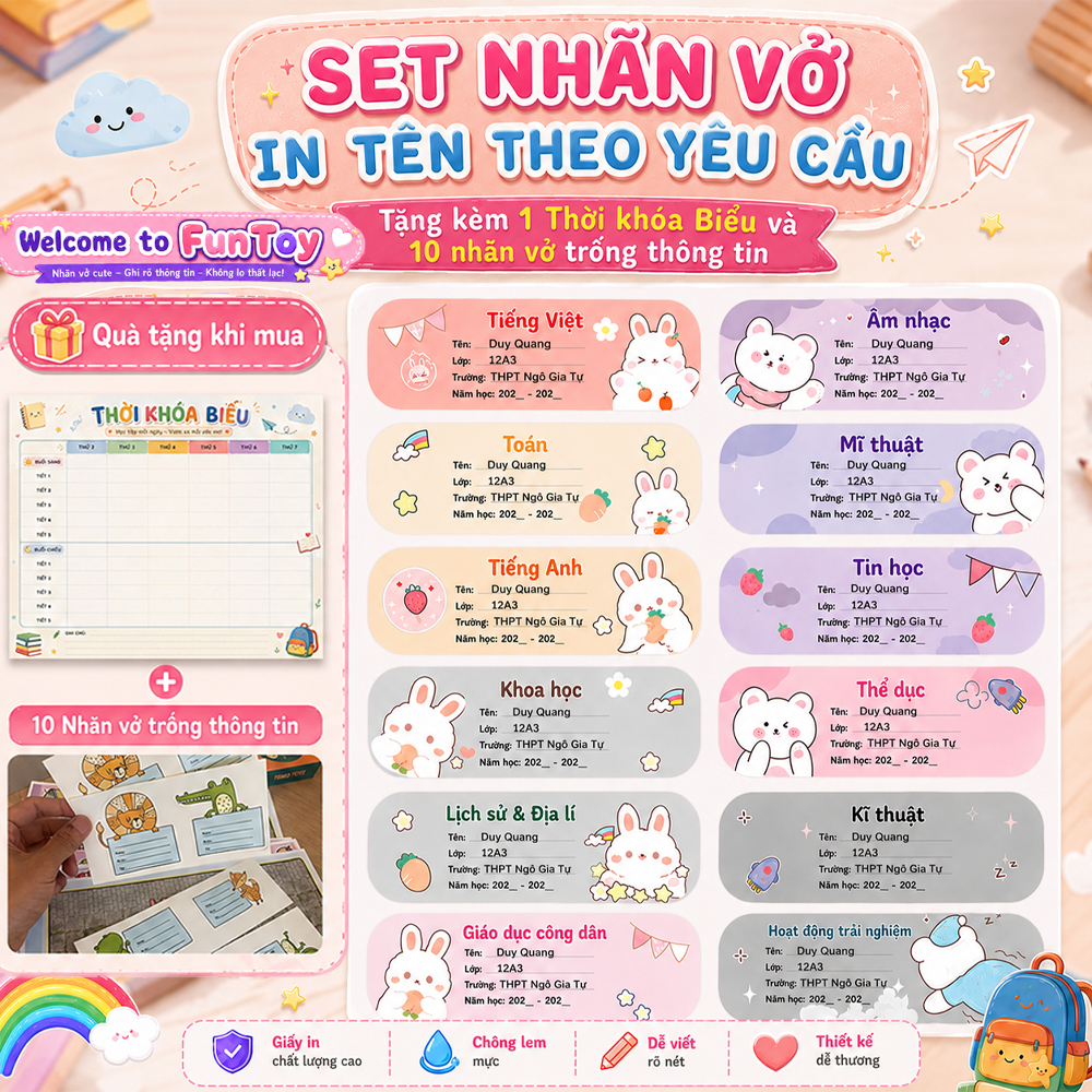 Nhãn Vở In Tên Theo Yêu Cầu - Set 32 Nhãn Vở Chống Nước - | Tặng Kèm Thời Khóa Biểu + 10 Nhãn Vở Trố