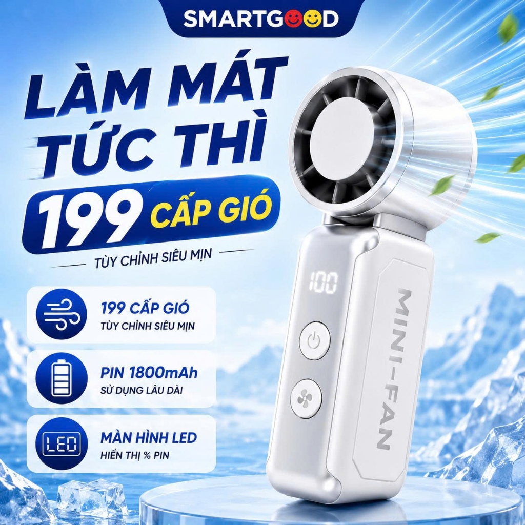 Quạt Mini Turbo 199 Cấp Độ Gió, Gió Mạnh Làm Mát Tức Thì, Màn Hình LED, Pin 1800mAh