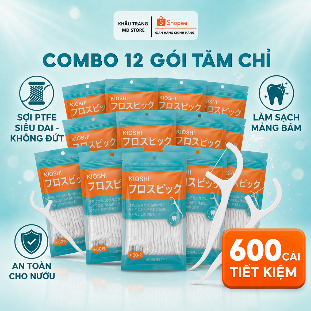 COMBO 12 GÓI TĂM CHỈ NHA KHOA KIOSHI CÔNG NGHỆ NHẬT BẢN - CHỨNG NHẬN ISO AN TOÀN -  CHÍNH HÃNG