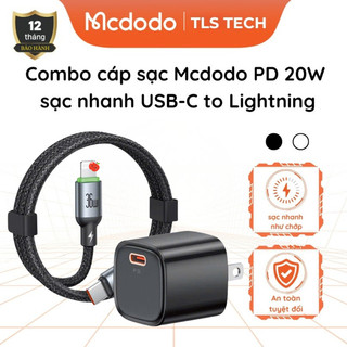 Combo củ và cáp sạc nhanh Mcdodo PD 20W, USB-C to L Đen/Trăng, Nhựa PC chống cháy phù hợp cho IP 6 -14