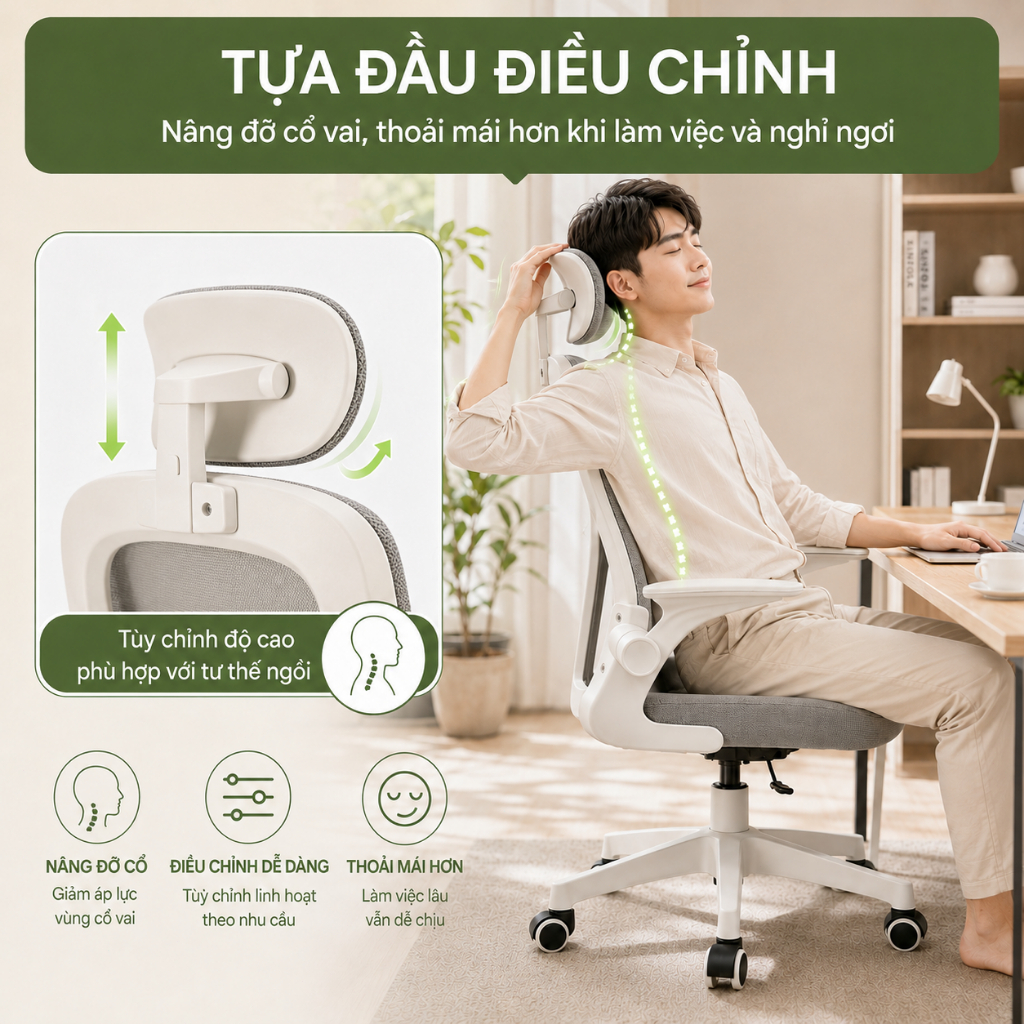Ghế văn phòng công thái học Tựa lưng lưới thoáng khí Giảm đau lưng và Tựa đầu điều chỉnh được | BigBuy360 - bigbuy360.vn