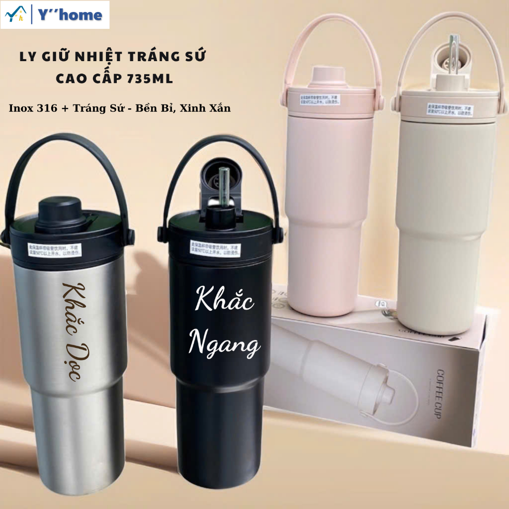 Cốc giữ nhiệt tráng sứ cao cấp 735ml, Khắc tên tùy chỉnh, Inox 316 + Tráng sứ, Phong cách hiện đại, 