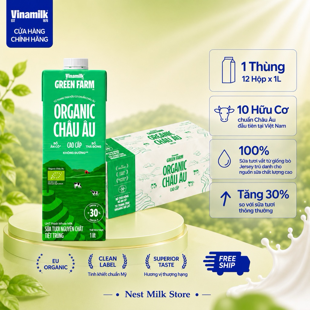 Sữa Tươi Tiệt Trùng Vinamilk Green Farm Organic Cao Cấp 1L - Thùng 12 Hộp
