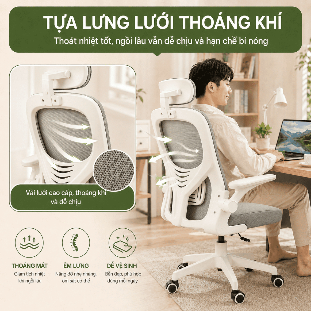 Ghế văn phòng công thái học Tựa lưng lưới thoáng khí Giảm đau lưng và Tựa đầu điều chỉnh được | BigBuy360 - bigbuy360.vn