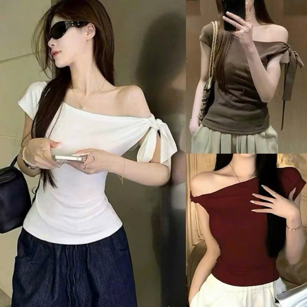 Áo Thun nữ trễ vai ôm body thắt nơ chất cotton mịn BYJANE