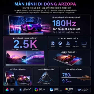 Màn Hình Di Động ARZOPA Z3FC 16.1" 2.5K 180Hz IPS | 107% sRGB | USB-C Mini HDMI | Chính Hãng | BigBuy360 - bigbuy360.vn
