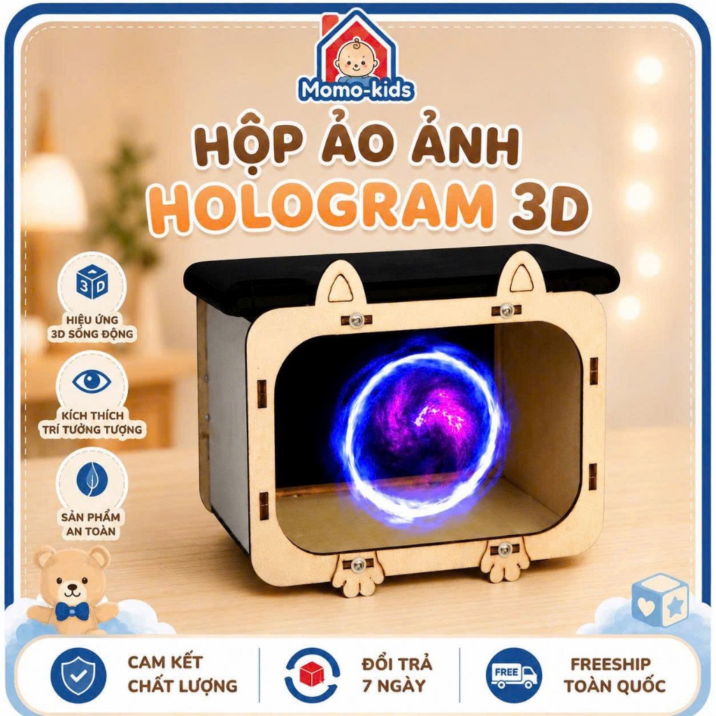 Bộ Lắp Ghép Xem Phim 3D Hologram Bằng Gỗ - Trò Chơi Stem Hologram Box, Hộp Tạo Ảo Ảnh 3D - Phiên Bản