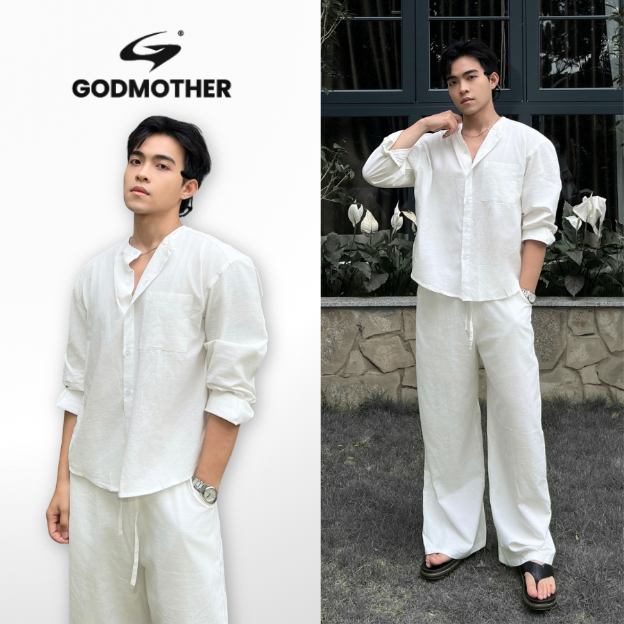 Đồ Bộ Nam GODMOTHER Set Sơ Mi Đũi Dài Tay Cổ Trụ Form Rộng Đi Biển Mùa Hè Cao Cấp | BigBuy360 - bigbuy360.vn