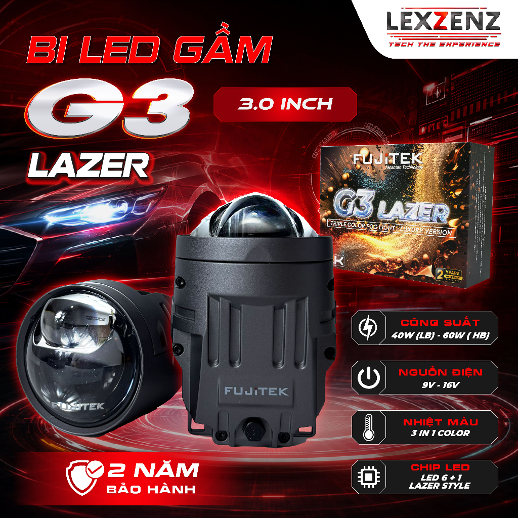 Đèn bi gầm Fujitek G3 LAZER 3.0inch, 3 chế độ màu, Lazer chiếu xa, BH 2 năm