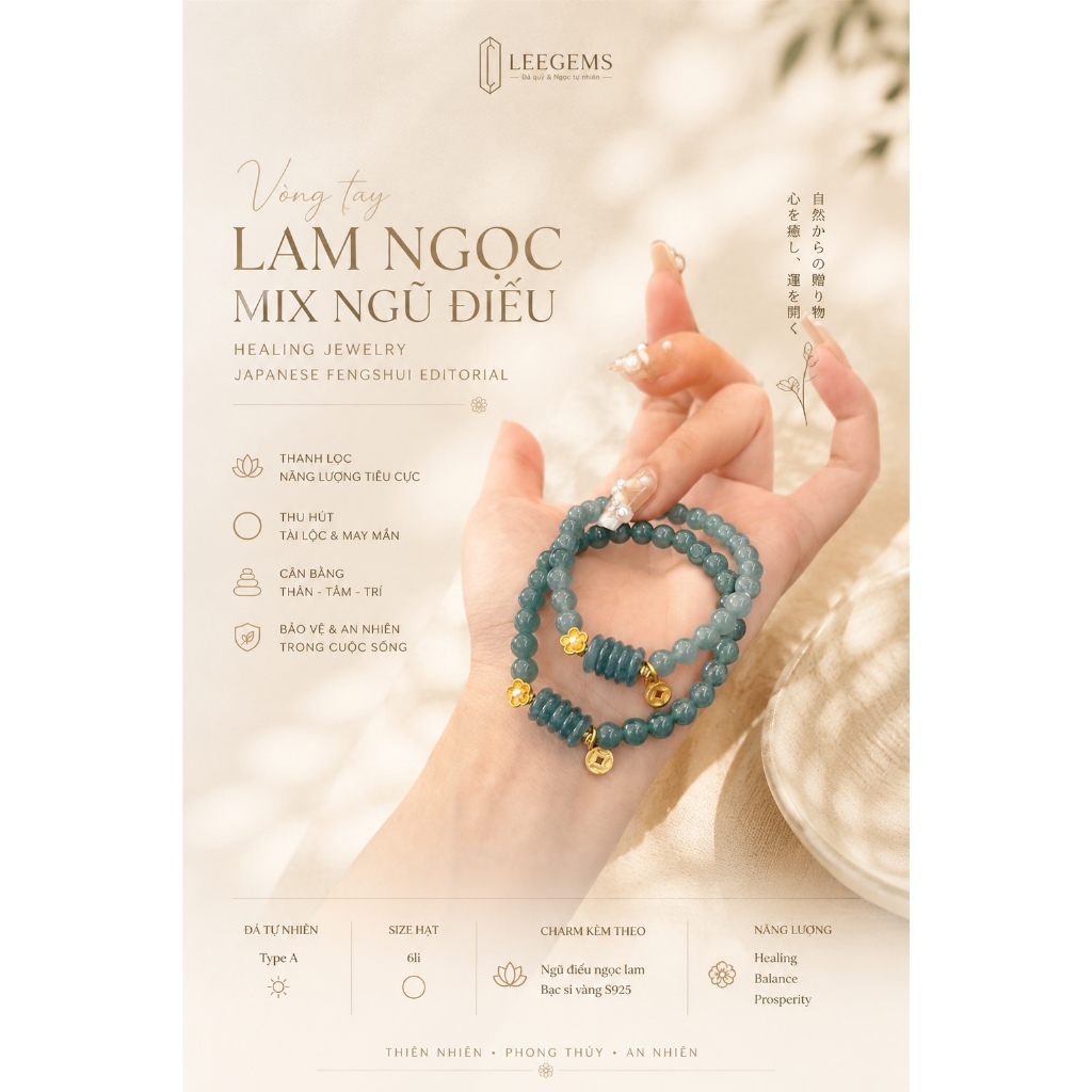 Vòng Tay Lam Ngọc Mix Ngũ Điếu, May Mắn Tài lộc hanh thông| Design by Leegems