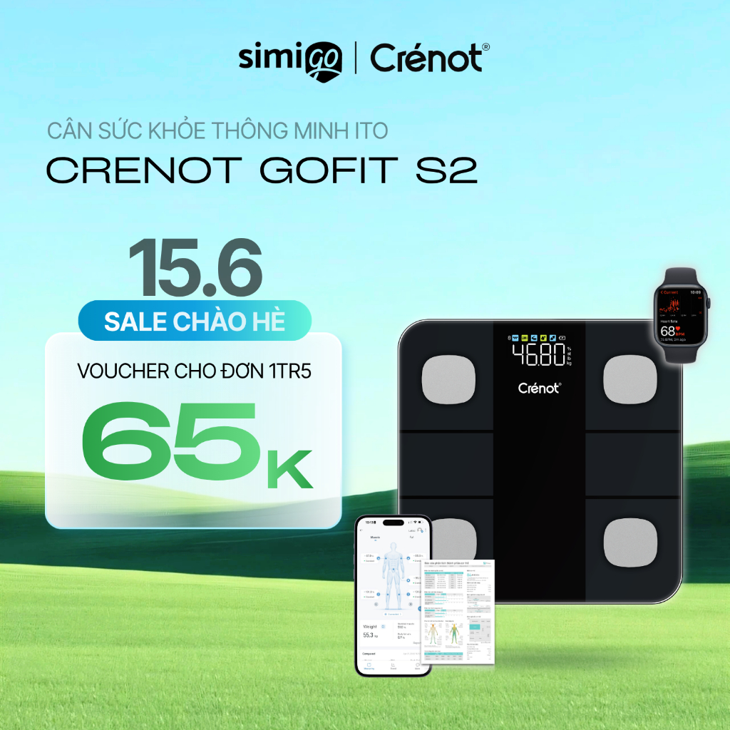 Cân điện tử sức khỏe thông minh Crenot Gofit S2 cân đo 20 chỉ số cơ thể phân tích lượng mỡ cân y tế 