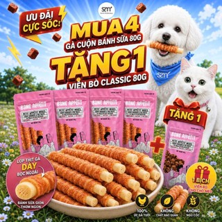 (Tặng 1b viên bò 80g) Combo 4 bịch bánh thưởng gà cuộn bánh sữa cho chó HK35 Bone Appetit (80g) phù hợp chó kén ăn