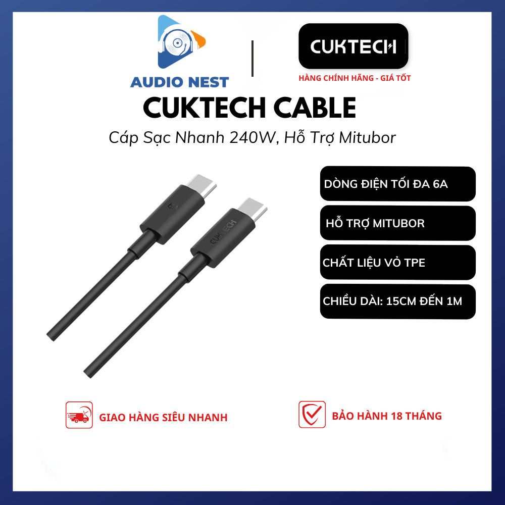 Cáp Cuktech 15cm 30cm 50cm 1M 1.5M C To C 6A 240w Hỗ Trợ Mi Turbro - Bảo Hành 18 Tháng