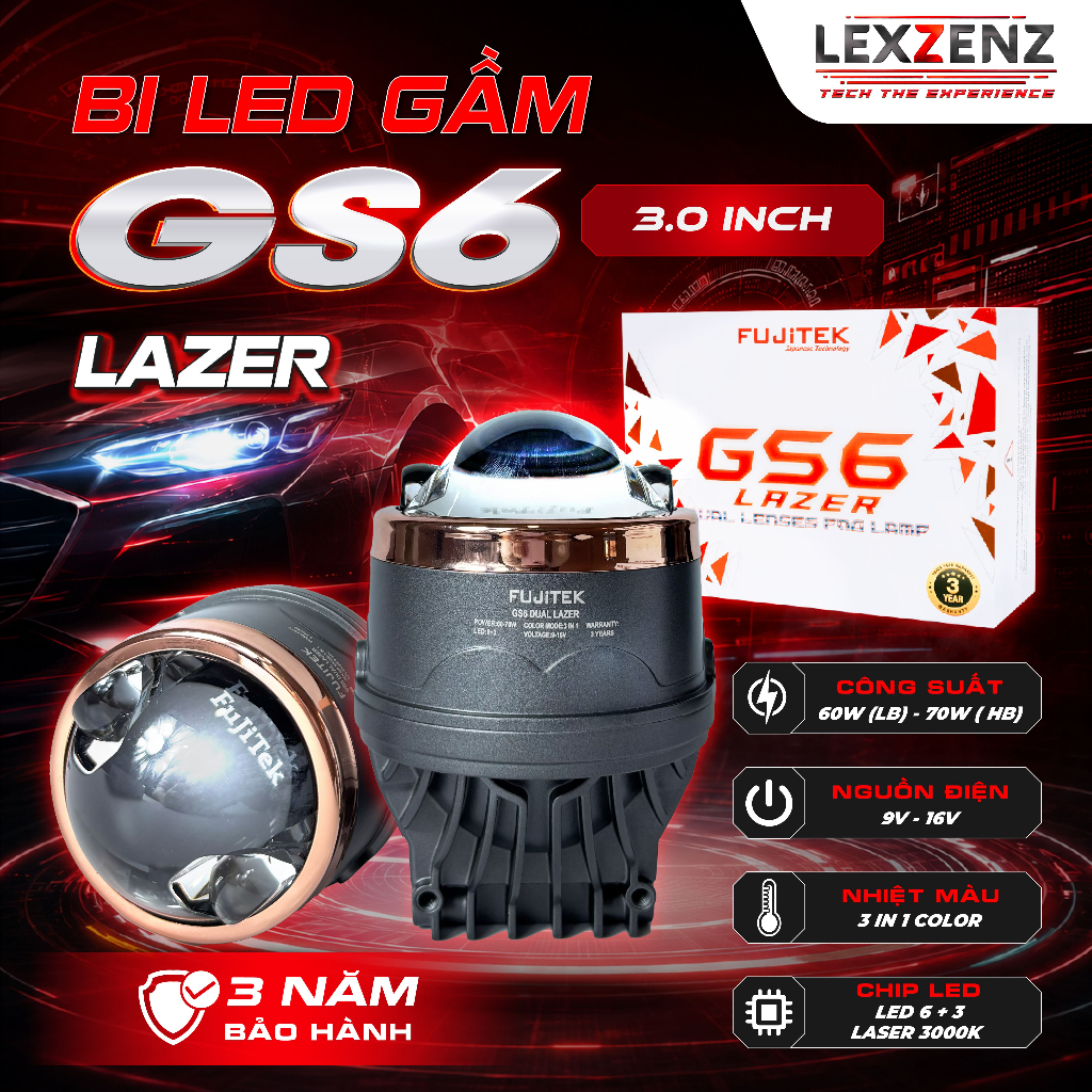 Đèn bi gầm Fujitek GS6 - 3.0inch dành cho oto, xe máy, Bi gầm 3 màu, công nghệ laser, BH 2 năm