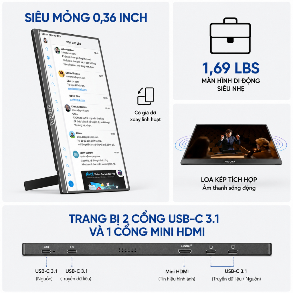 Arzopa Z1C - Màn hình di động chân đế 100% sRGB 16.1 ", FHD 1080P với màn hình USB C HDMI Màn hình mở rộng | BigBuy360 - bigbuy360.vn