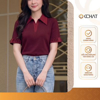 Áo Thun Nữ 𝐂𝐂𝐇𝐀𝐓 Dáng Ôm Martina Phối Cổ Khóa Kéo Chất Liệu Mềm Mát 16TNC8048OT