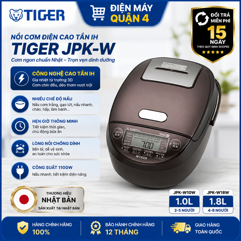 Nồi Cơm Áp Suất Cao Tần Tiger IH 1L JPK-W10W và 1.8L Tiger JPK-W18W