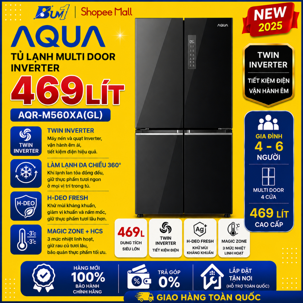 AQR-M560XA(GL) - Tủ Lạnh AQUA Inverter 469 Lít AQR-M560XA(GL) - Hàng Chính Hãng