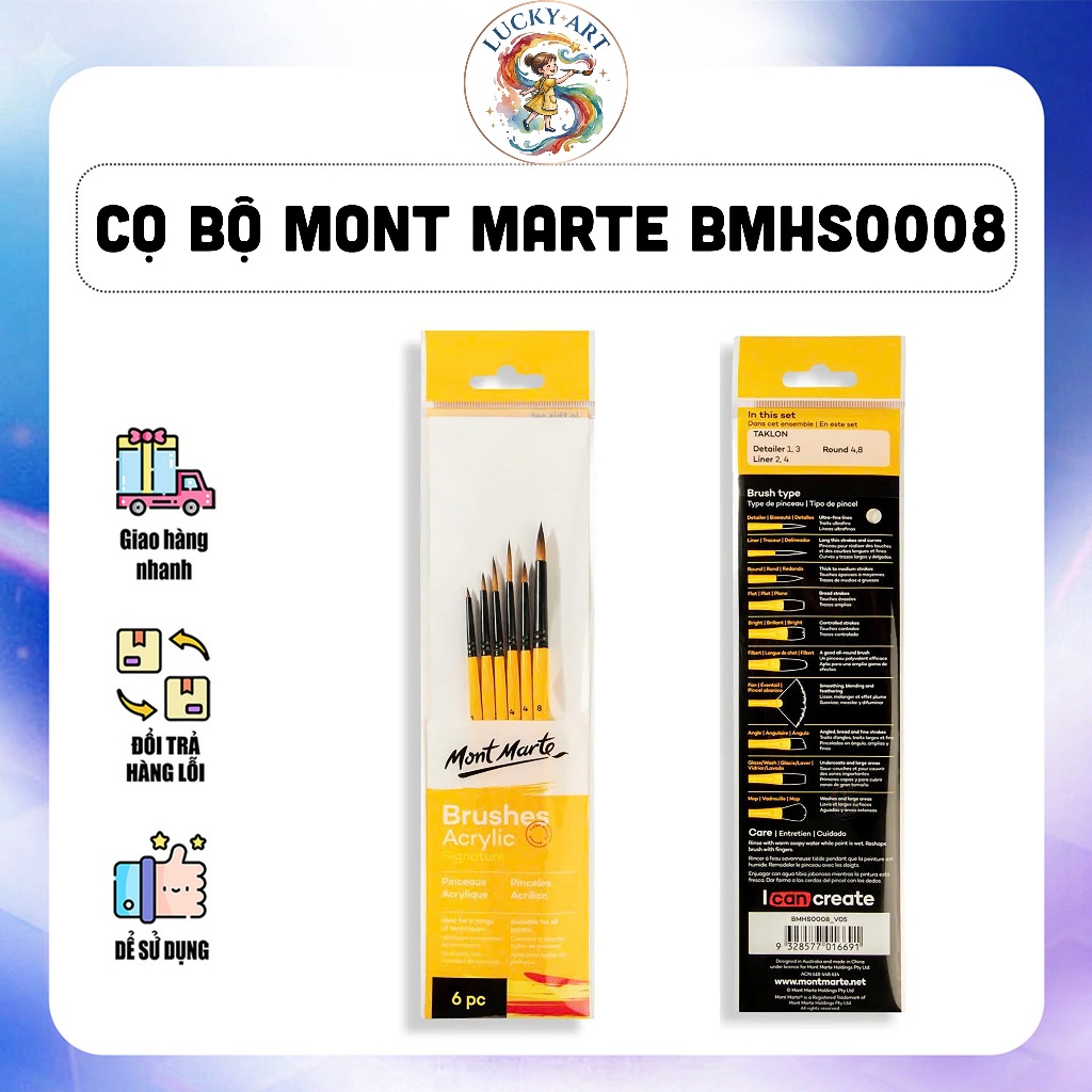 Bộ Cọ Vẽ Acrylic Mont Marte BMHS0008 (6 Cây) - Lông Taklon - Cọ Tỉa/ Liner
