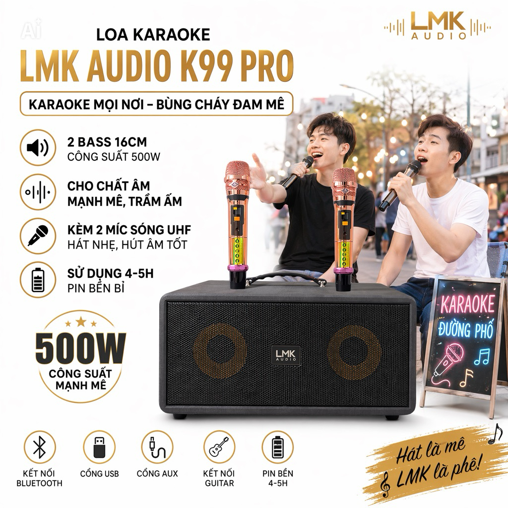 Loa Karaoke LMK Audio K99 Pro, 2 Bass 16cm Công Suất 500W, Cho Chất Âm Mạnh Mẽ, Trầm Ấm, Kèm 2 Míc S