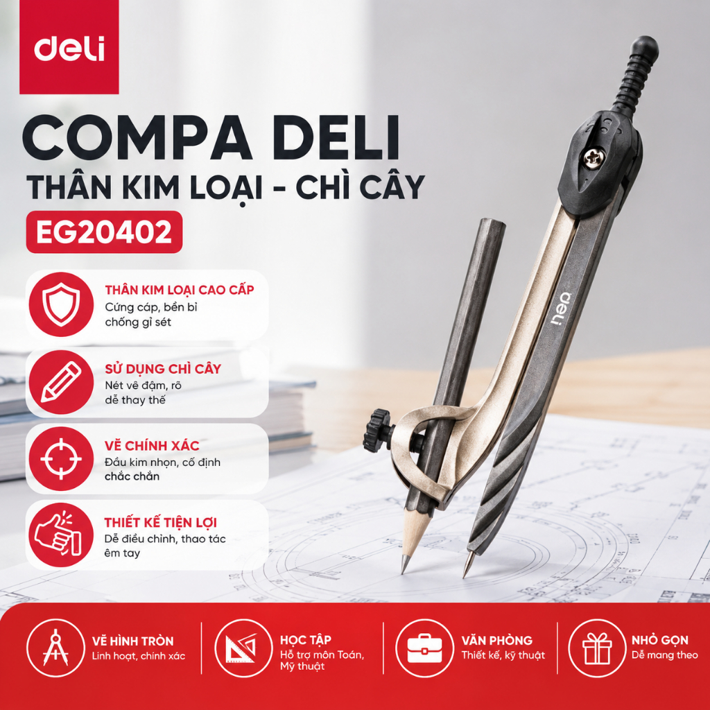 (1 Cây) Compa Deli - thân kim loại - chì cây - EG20402
